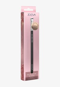 Spazzola per sopracciglia nera con punta angolata, confezionata in una scatola rosa con accenti dorati. Il testo include "ZOEVA" e "per tutte le formule per sopracciglia."
