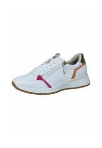 Weißer Sportschuh mit pinken und orangefarbenen Akzenten, Reißverschluss, strukturierten Gummisohle und weichem Leder-Obermaterial. Abgerundete Zehenform.