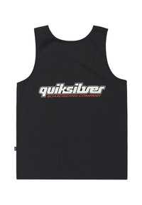 Top negru din bumbac, cu un logo alb și roșu "Quiksilver". Design simplu, fără modele sau grafica suplimentare.