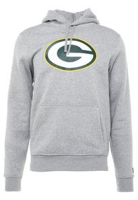 Sudadera con capucha gris hecha de forro polar, que presenta un gran logo circular en verde y blanco con un contorno amarillo. Incluye un bolsillo frontal.