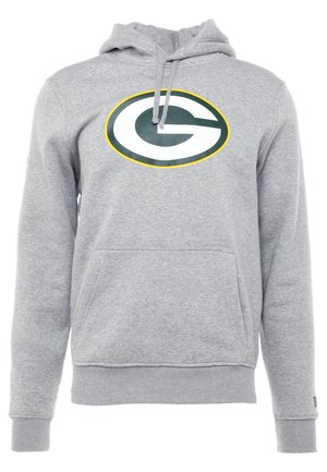 Sudadera con capucha gris hecha de forro polar, que presenta un gran logo circular en verde y blanco con un contorno amarillo. Incluye un bolsillo frontal.