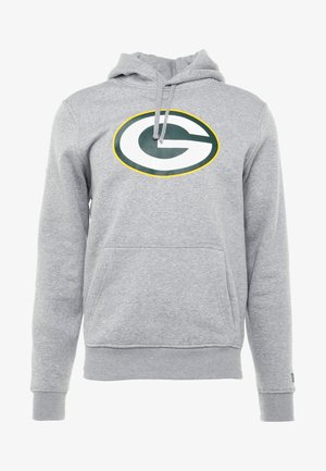 Grauer Kapuzenpullover aus Fleece mit einem großen, grünen und weißen kreisförmigen Logo mit gelbem Rand. Enthält eine Fronttasche.