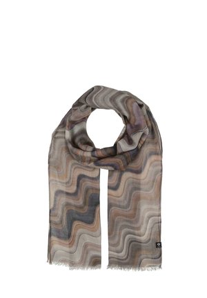 Lightweight scarf featuring a wavy pattern in muted tones of gray, brown, and cream. Finished edges with slight fringing; includes a small logo tag.