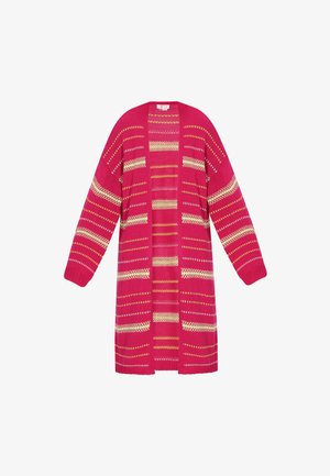 Rosa Strickjacke mit langen Ärmeln, offenem Vorderteil und horizontalen Streifenmustern in Gelb, Weiß und Rot entlang des Körpers.