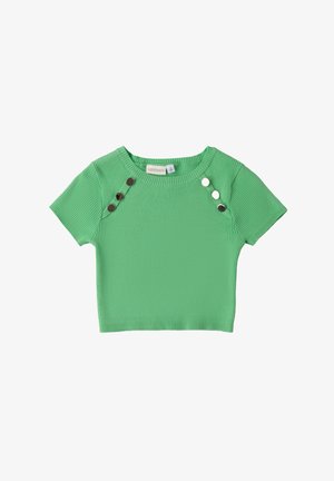 Top corto verde acanalado con un escote redondo y mangas cortas, que cuenta con tres botones decorativos en el hombro y un diseño recortado.