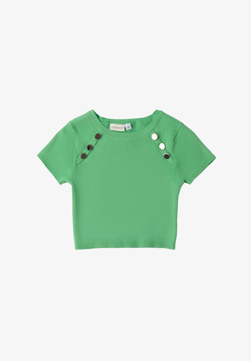 Top corto verde acanalado con un escote redondo y mangas cortas, que cuenta con tres botones decorativos en el hombro y un diseño recortado.