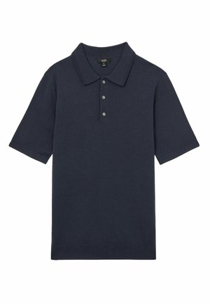 Polo de culoare bleumarin, fabricat din bumbac, cu guler clasic, mâneci scurte și închidere cu trei nasturi. Textură netedă, fără modele.