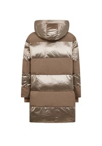 Gewatteerd jack in tinten bruin en metallic brons, met een capuchon, horizontale strepen en een kniehoogte met een gladde textuur.