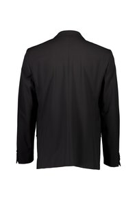 Schwarzer Blazer mit taillierter Passform, mittlerem Schlitz auf der Rückseite, mit eingelegten Revers und geknöpften Manschetten, aus glattem, strukturiertem Stoff.