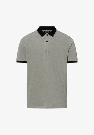 Graues Poloshirt aus strukturiertem Stoff, mit einem schwarzen Kragen und Ärmeln mit grünen Akzenten sowie zwei Knöpfen auf der Vorderseite.