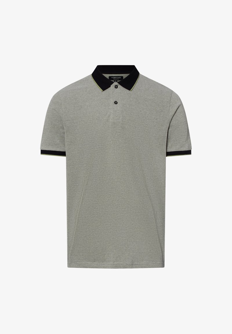 Graues Poloshirt aus strukturiertem Stoff, mit einem schwarzen Kragen und Ärmeln mit grünen Akzenten sowie zwei Knöpfen auf der Vorderseite.