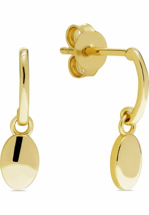 Boucles d'oreilles créoles en or avec de petits pendentifs ovales suspendus à chacune, équipées d'une fermeture à tige et papillon.
