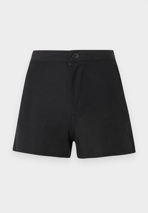 Black high-waist shorts with front button closure and subtle seam details, displayed on a plain light gray background.