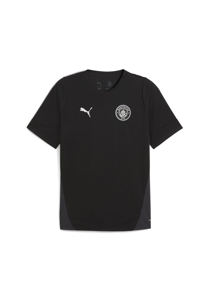 Sort kortærmet Puma-trøje med Manchester City-logo. Fremstillet af glat stof med lysegrå sidepaneler og rund hals.