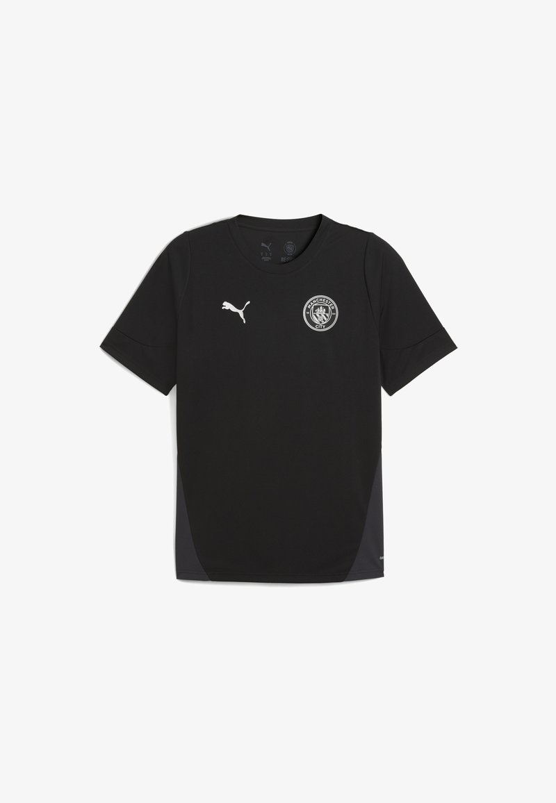 Maillot Puma noir à manches courtes avec un logo de Manchester City. Fabriqué en tissu lisse avec des panneaux latéraux gris clair et un col rond.