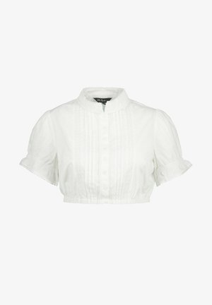 Zkrácená bílá bavlněná blůza s vysokým límcem, krátkými nabíranými rukávy, zapínáním na knoflíky a vertikálními řasenými detaily s krajkovými ozdobami.