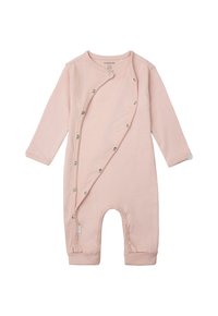 Jasnoróżowy prążkowany kombinezon z długimi rękawami, z zatrzaskami po jednej stronie oraz otworami na stopy na dole. Miękki, elastyczny bawełniany materiał.