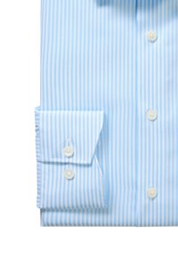 Light blue and white vertically striped long-sleeve dress shirt with buttoned cuff and white buttons on white background.