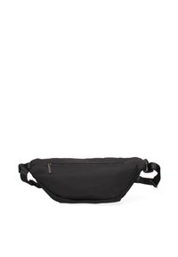 Marsupio nero realizzato in tessuto durevole, con un design slim, una tasca anteriore con zip, cintura regolabile e stile minimalista.