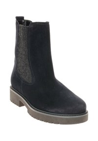 Marineblauwe suède enkelboot met een grijze zijpaneel en stevige rubberen zool. Beschikt over een ronde neus en elastische inzetstukken voor gemakkelijk aan- en uittrekken.