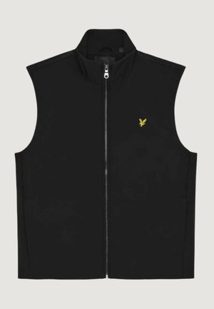 Zwart mouwloos vest met ritssluiting en opstaande kraag, met klein geel vogellogo op de linkerborst, plat weergegeven op een lichte achtergrond.