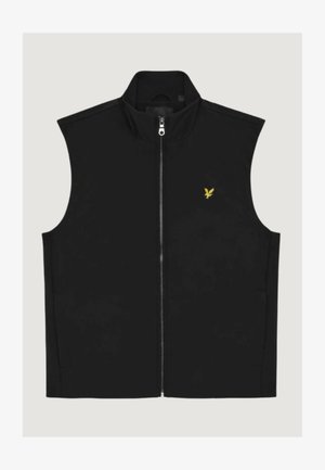 Zwart mouwloos vest met ritssluiting en opstaande kraag, met klein geel vogellogo op de linkerborst, plat weergegeven op een lichte achtergrond.