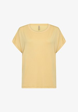 Yellow ribbed short-sleeve top with a relaxed fit. Round neckline and soft texture, featuring a straight hem and subtle stitching details.