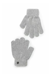 Gants en tricot gris avec une texture côtelée, dotés de cinq doigts et d'un accent décoratif en bouton au niveau du poignet. Design classique adapté aux temps froids.