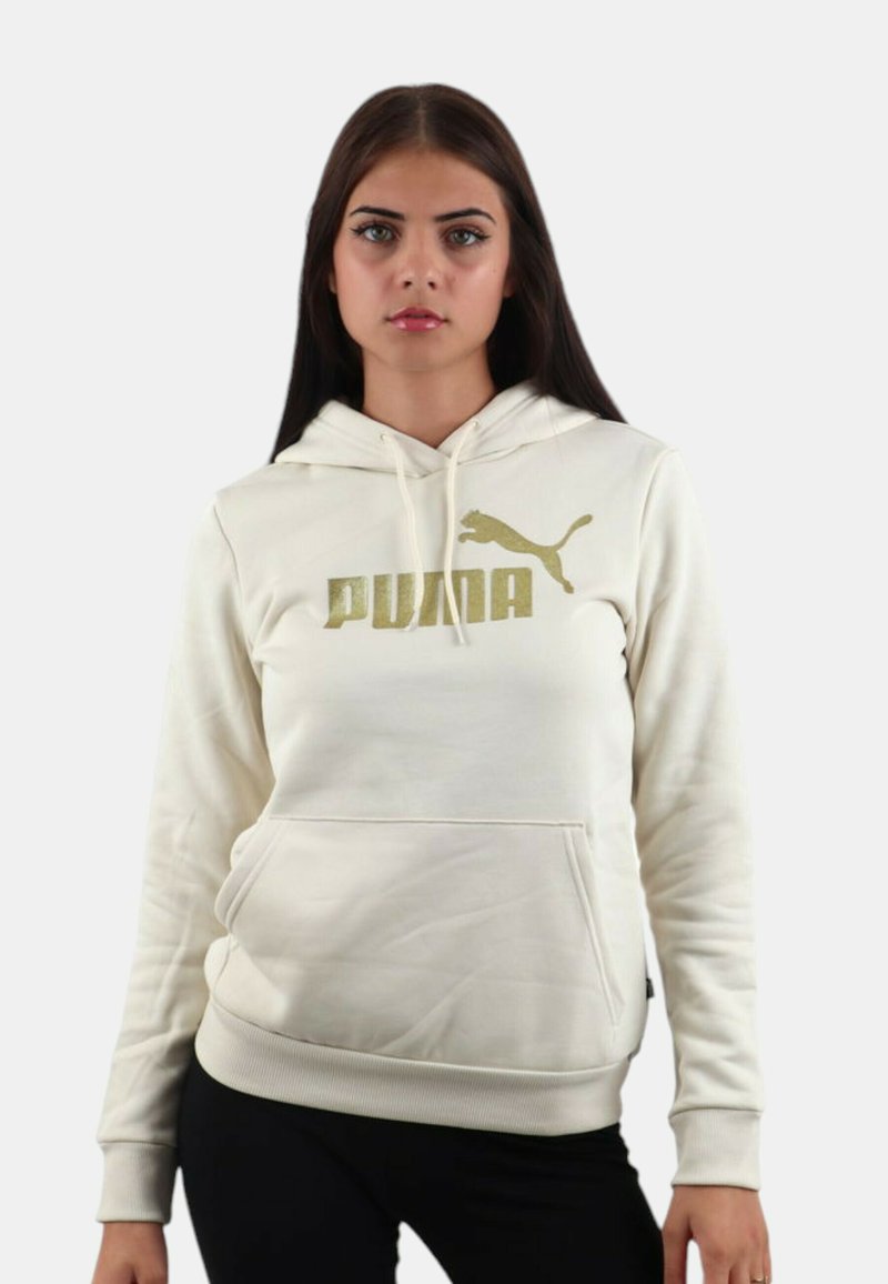 Felpa crema con cappuccio, dotata di tasca frontale e logo PUMA dorato. Realizzata in tessuto morbido con polsini e orlo a costine. Texture liscia.