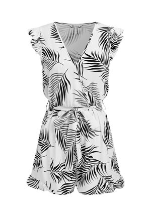 Biely overal s čiernym potlačou tropických listov, výstrih do V, krátke volánové rukávy, opasok viazaný v páse a šortky s volánovým lemom.