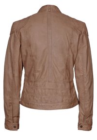Kožená bunda světle hnědé barvy, přiléhavý střih s texturovaným povrchem, zdobená švy po ramenech a zádech, manžety na knoflíky.