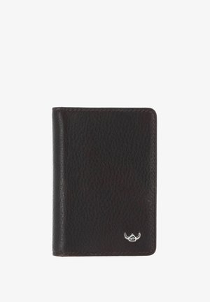 Schwarzes, strukturiertes Lederportemonnaie mit kleinem silbernem Hornemblem unten rechts, geschlossen und von vorne gesehen.