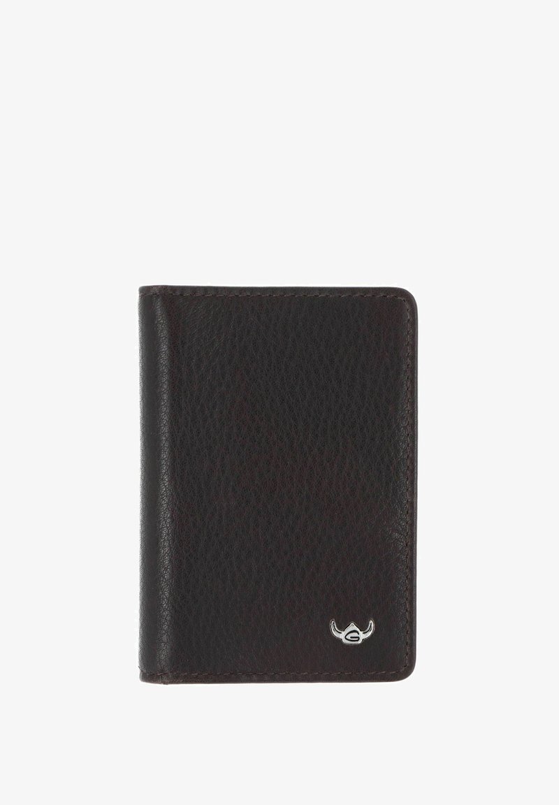 Portefeuille en cuir texturé noir avec un petit emblème argenté en forme de cornes dans le coin inférieur droit, fermé et vu de face.