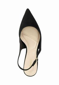 Black suede slingback heel with a pointed toe, a sleek design, cushioned insole, and a metallic zip closure at the back.