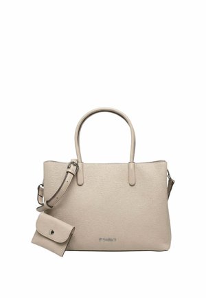 Sac à main en cuir beige avec deux poignées, une bandoulière réglable et une petite pochette assortie à boutons attachée.