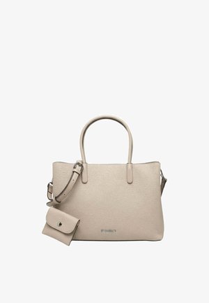 Sac à main en cuir beige avec deux poignées, une bandoulière réglable et une petite pochette assortie à boutons attachée.