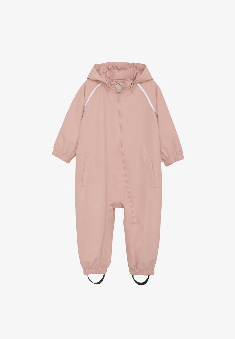 Różowy wodoodporny jednoczęściowy kombinezon z falbankowym kapturem, elastycznymi mankietami, zamkiem z przodu i czarnymi paskami na stopy; gładka tekstura z bocznymi kieszeniami.