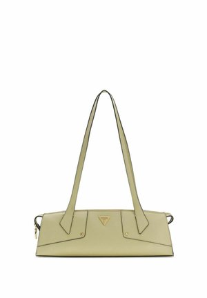 Sac à main rectangulaire en cuir vert clair avec deux longues bandoulières et un petit logo Guess doré au centre avant.