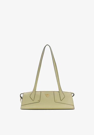 Sac à main rectangulaire en cuir vert clair avec deux longues bandoulières et un petit logo Guess doré au centre avant.