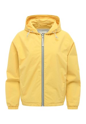 Żółta kurtka z kapturem, z przodu z zamkiem, elastycznymi mankietami i regulowanymi sznurkami na kapturze, prezentowana na białym tle.