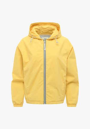 Żółta kurtka z kapturem, z przodu z zamkiem, elastycznymi mankietami i regulowanymi sznurkami na kapturze, prezentowana na białym tle.