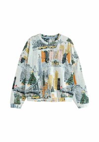 Šedá mikina s ilustráciami mestského panorámy, žltými taxíkmi, zelenými stromami a architektonickými detailmi v čiernej a oranžovej farbe. Okrúhly výstrih.