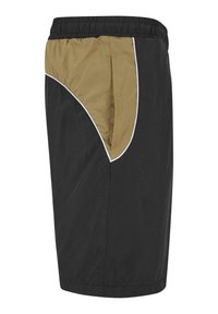 Crne kratke hlače s kaki panelom sa strane, elastična waistband, bijele obrube, lagana tkanina, dizajn do koljena, jedan zip džep.
