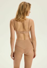Nude bra and high-waisted briefs set. Smooth fabric, adjustable straps, and a hook-and-eye closure at the back. Sheer panel accents.
