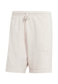 Pantaloni sportivi grigi chiari realizzati in tessuto morbido, caratterizzati da una vita elasticizzata con cordino e un piccolo logo in rilievo sul lato inferiore.