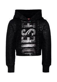 Hoodie corto nero realizzato in tessuto lucido, con un prominente logo argento "DIESEL" sulla parte anteriore, dettagli testurizzati e cappuccio con cordino.