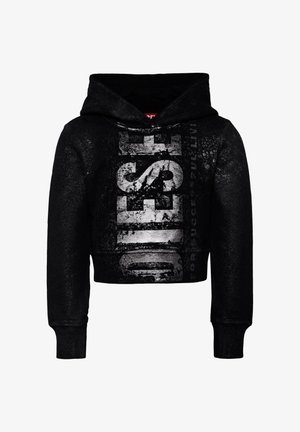 Hoodie corto nero realizzato in tessuto lucido, con un prominente logo argento "DIESEL" sulla parte anteriore, dettagli testurizzati e cappuccio con cordino.