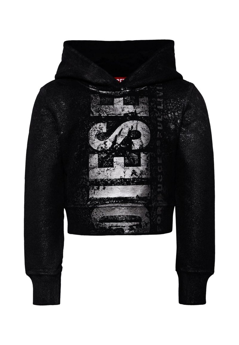 Hoodie corto nero realizzato in tessuto lucido, con un prominente logo argento "DIESEL" sulla parte anteriore, dettagli testurizzati e cappuccio con cordino.