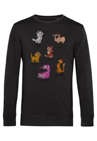 Černá mikina s potiskem kreslených koček: Marie, Si a Am, Oliver, Dinah, Cheshire Cat a Figaro, v různých barvách a designu na přední straně.