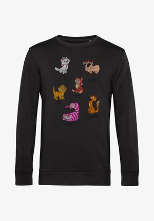 Sort sweatshirt med tegneserie-katte: Marie, Si & Am, Oliver, Dinah, Cheshire Cat og Figaro, i forskellige farver og designs på forsiden.